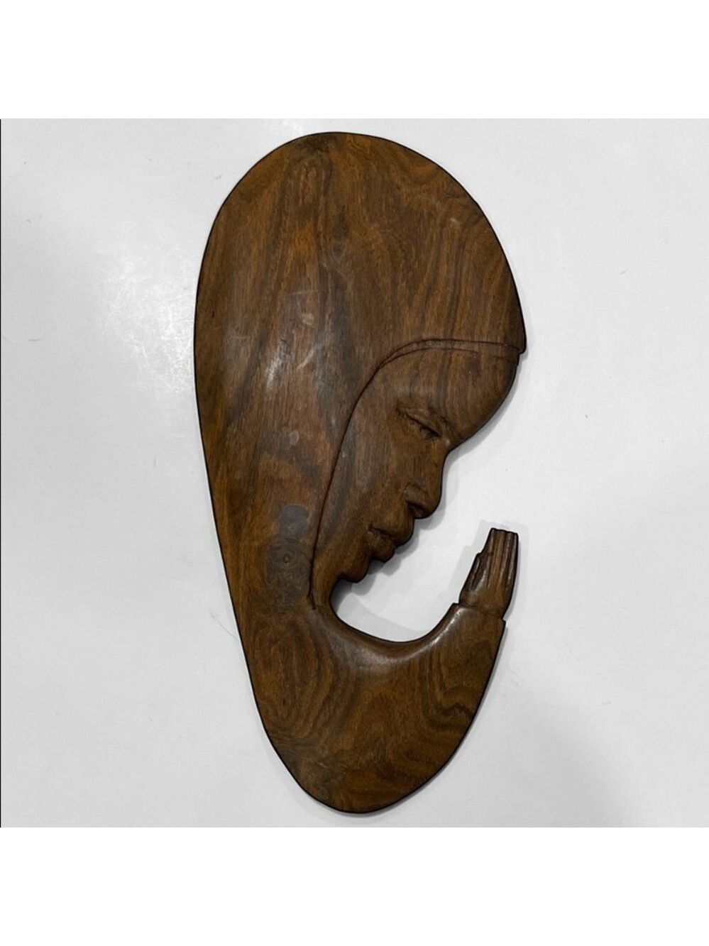 Handcrafted Wood Face with Praying Hands Sculpture 12.5"